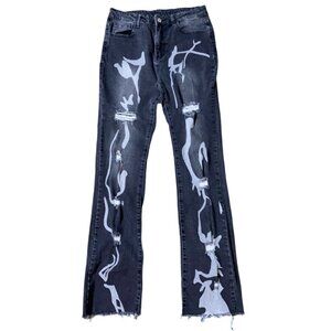 Sz.L*SHEIN*Black/Gray Patterned Ripped-Up Straight-Leg Jeans